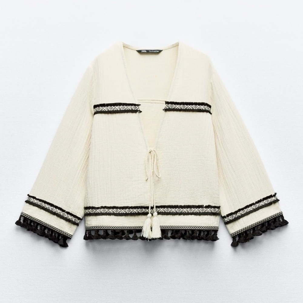 Zara Fringed Passementerie Jacket Cream and Black Long Sleeve - Picture 9 of 16